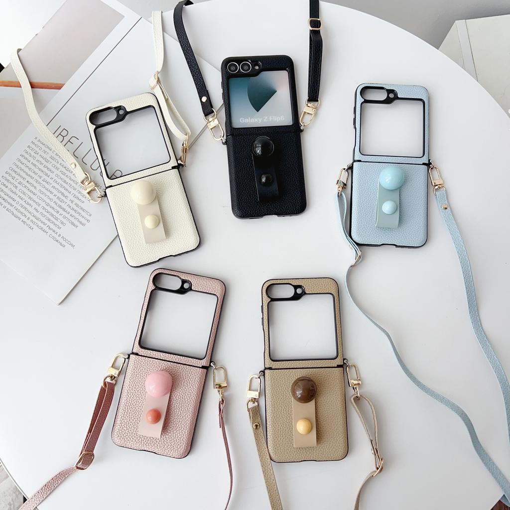 Leather Finger Ring Stand 3pcs Folding Case For Samsung Galaxy Z Flip6 Flip5 Flip4 Flip3 Crossybody Lanyard Shockproof Matte Slim Phone Cover
