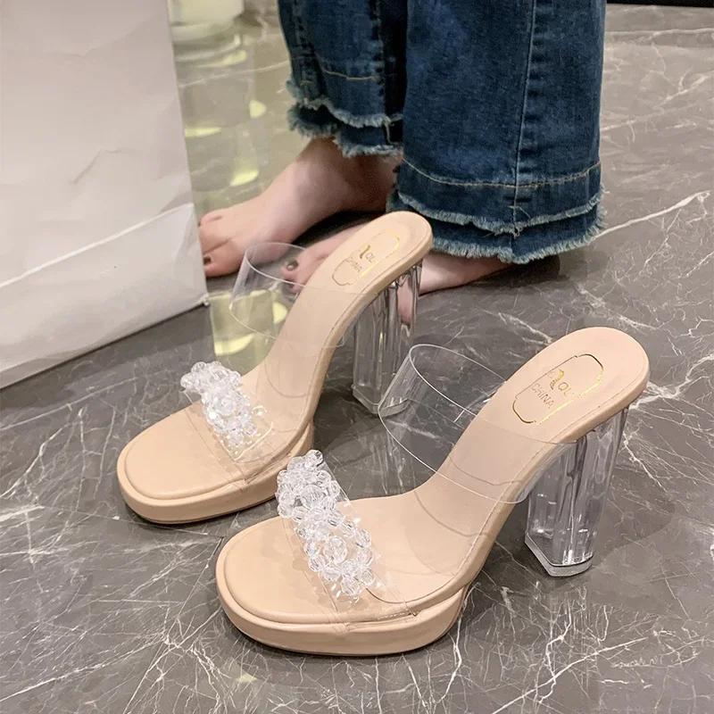 Women's Summer round Toe Square Heel Breathable High Heel Slippers Elegant Sexy PVC Crystal Fashion Shoes