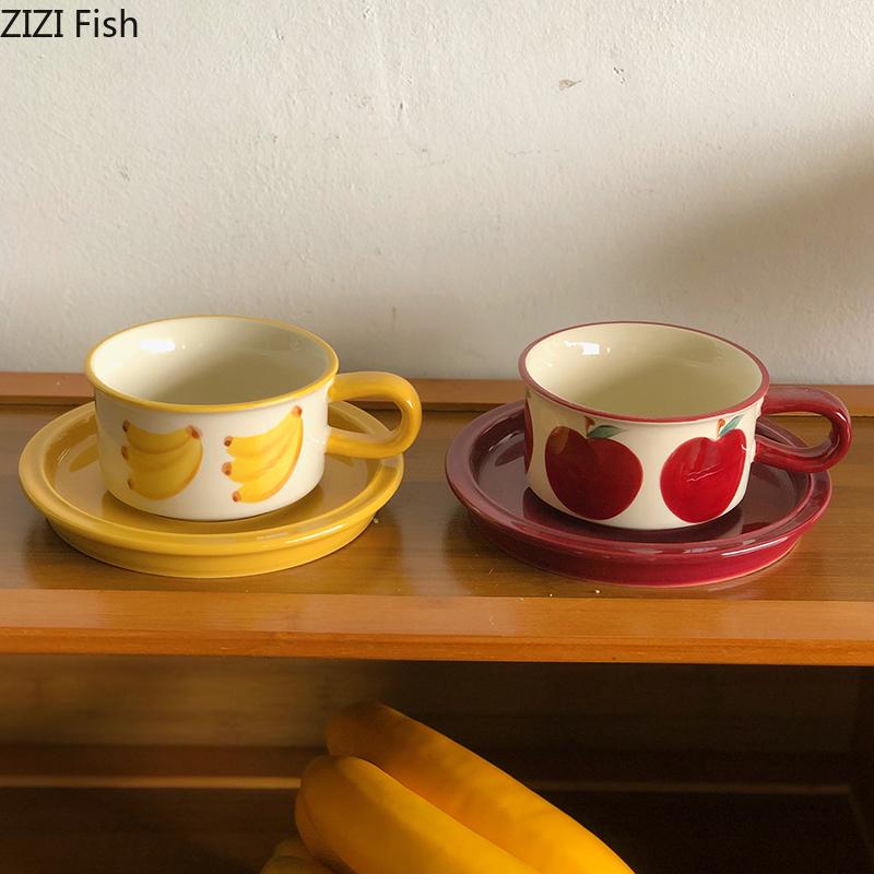 Rotes Apfelmuster Bemalte Tasse & Untertasse Porzellan Kaffeetasse Esstisch Blumentassen Nachmittagstee Teetasse Obst Saftbecher