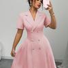 Imported Women's Dress, Waist-Defined Double-Button Gown