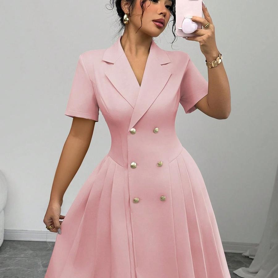 Imported Women's Dress, Waist-Defined Double-Button Gown