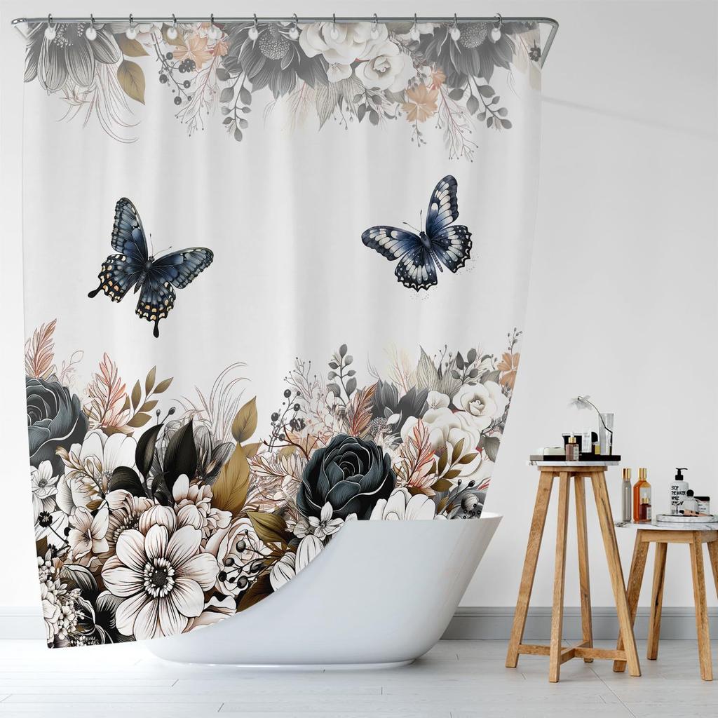 Black And White Flower Shower Curtain Flower Butterfly Shower Curtain With Hook Dark Flower Leaf Plant Bathroom Curtain Waterproof Shower Curtain