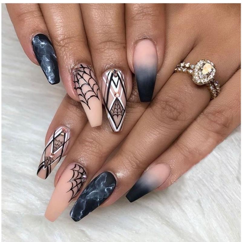 24Pcs Stiletto Fake Nails Coffin Nails Halloween False Nails Punk Full Cover Artificial Press On Nails for Women Girls