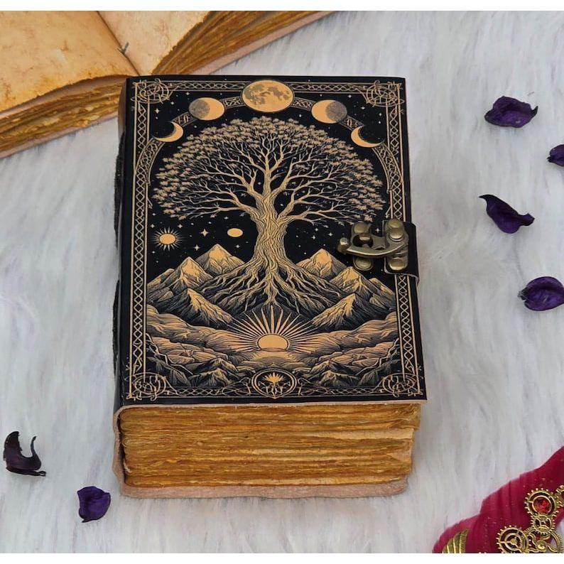 Celestial Tree of Life Journal Vintage Lock Diary with Moon Phases | Handmade Spellbook, Grimoire, Witchcraft Notebook, Book of Shadows