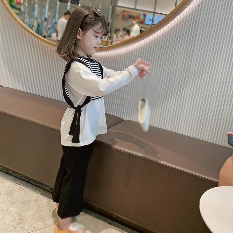 Girls Long Sleeves T-shirt Casual Top Tee Knitted Stripe Stitching Top