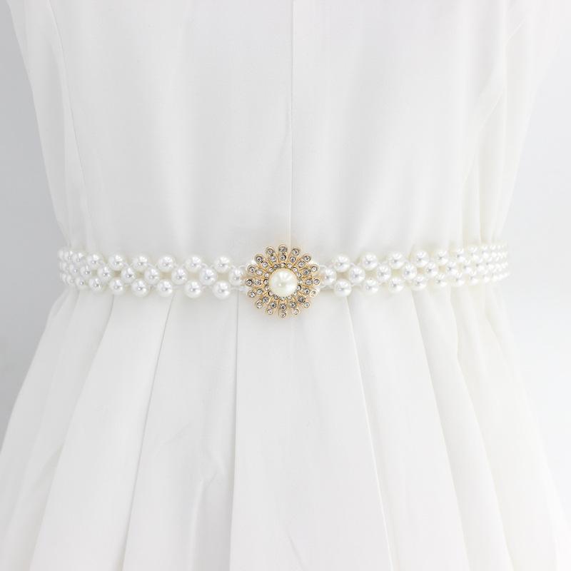 Women'S Rhinestone Pearl Waist Chain Dress Decorative Elastic Belt Women'S Sweet Flower Elastic Waist Seal