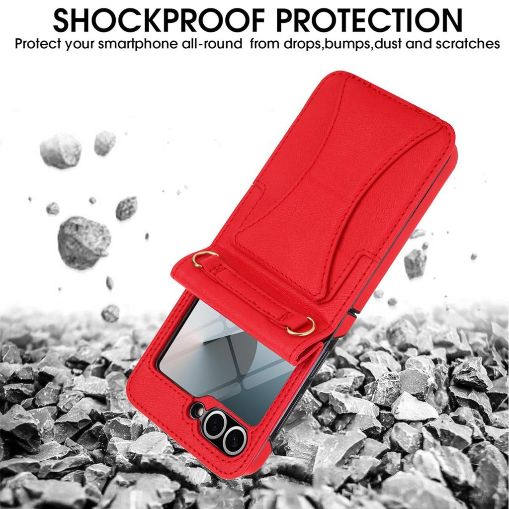 Samsung Flip6/7 Leather Crossbody Phone Case with Card Slot & Tempered Film Protection