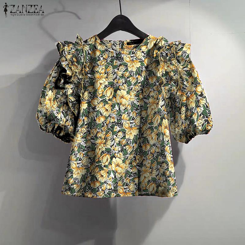 ZANZEA Women Summer Floral Print Casual Round Neck Short Sleeve Blouse