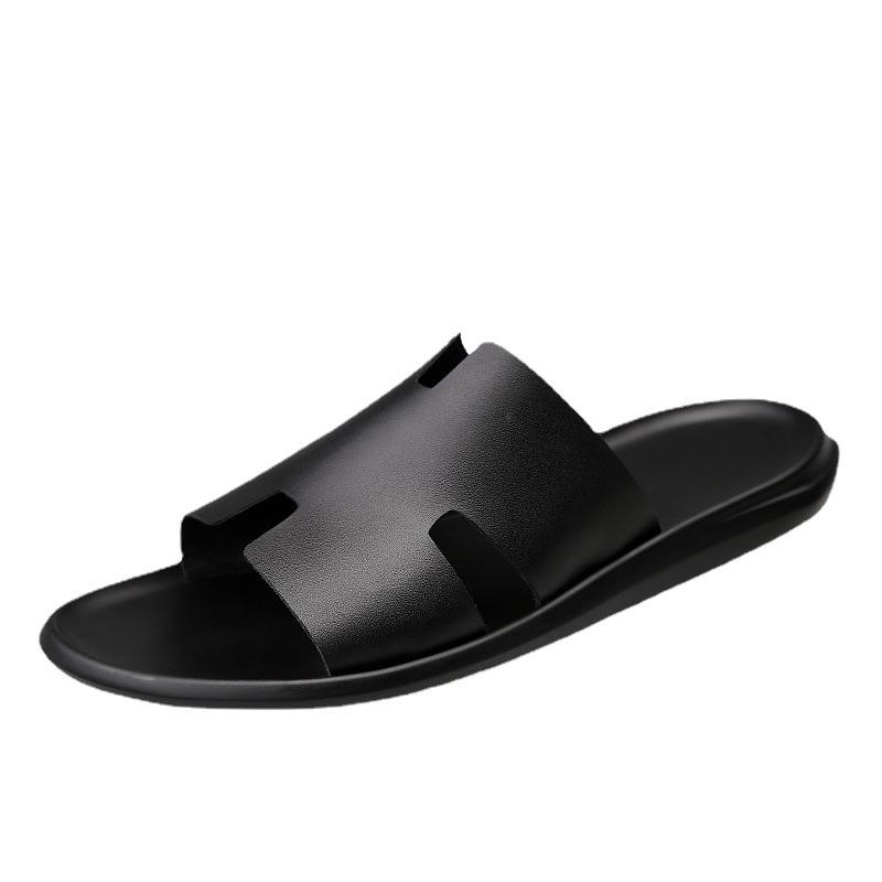 Youth trend two-layer cowhide breathable one-word sandals casual daily versatile simple men's shoes