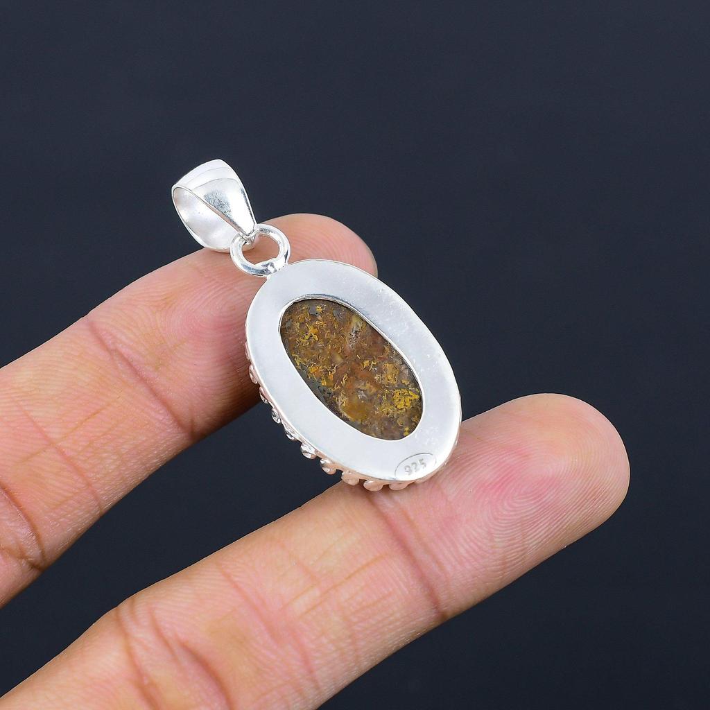 Oval Natural Plume Agate 925 Silver Wedding Bezel Daughter Boho Pendant Jewelry