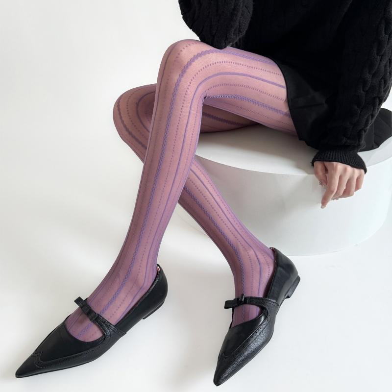 Fashion Women's High Waist Fishnet Pantyhose Elegant Vertical Striped Patterned Breathable Sheer Mesh Tights Stockings