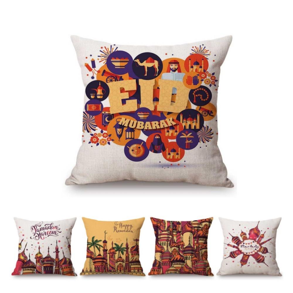 Muslim Ramadan Kareem Eid Mubarak Festival Home Decoration Sofa Cushion Cover Cartoon Hand Sketch Islam Mosque Throw Pillow Case