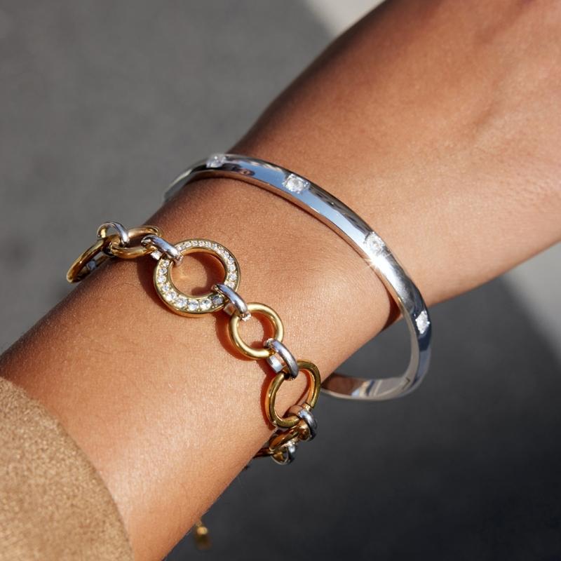 Simple Elegant Designs Gold Silver Two Tone Stainless Steel Circular Bracelet Stylish Jewelry for Women