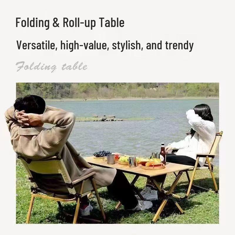 Portable Outdoor Folding Carbon Steel Roll-Up Table and Chairs Set for Camping, Picnics, or BBQs.