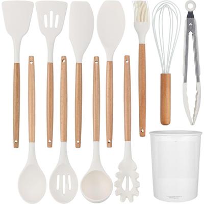 Kochutensilien Küchenutensilien-Set, 12-teilig Holzgriff Ungiftig BPA-frei Silikon Löffel Pfannenwender Wender Zange Küchenhelfer Utensilienset