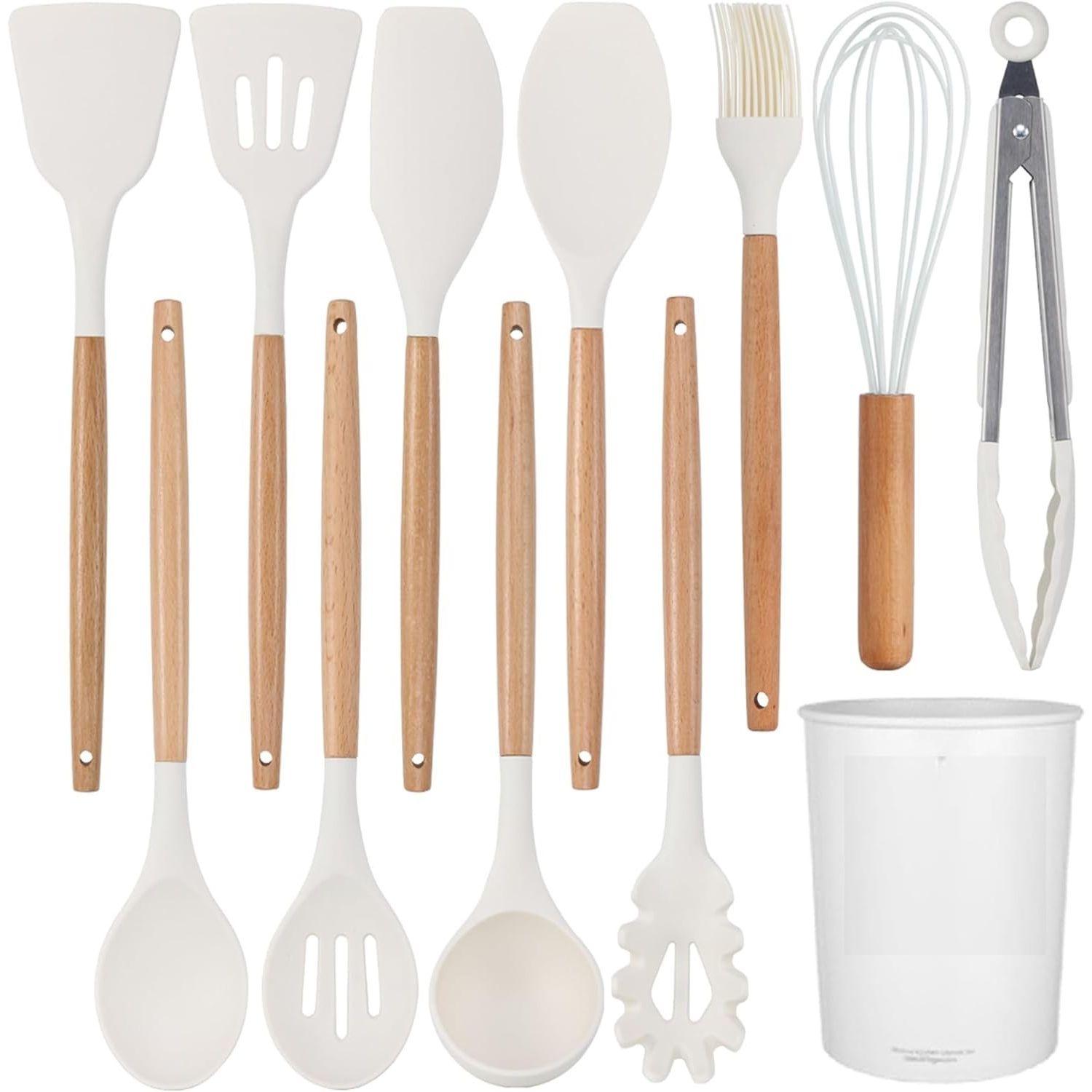 

Кухонная утварь Набор кухонной утвари, 12 шт. Деревянная ручка Нетоксичный Не содержит БФА Силиконовая ложка Лопатка Переворачиватель Щипцы Кухонные гаджеты Набор утвари