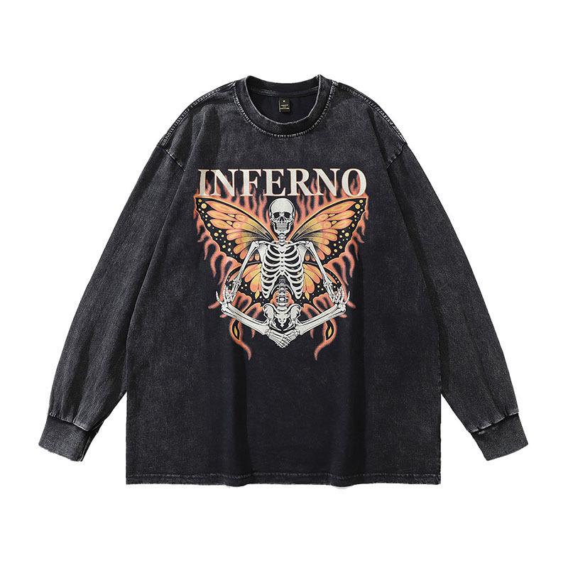 American Retro Printed Long-Sleeved T-Shirt Ins High Street Trendy Brand Washed Old Men'S Oversize Bottoming Top
