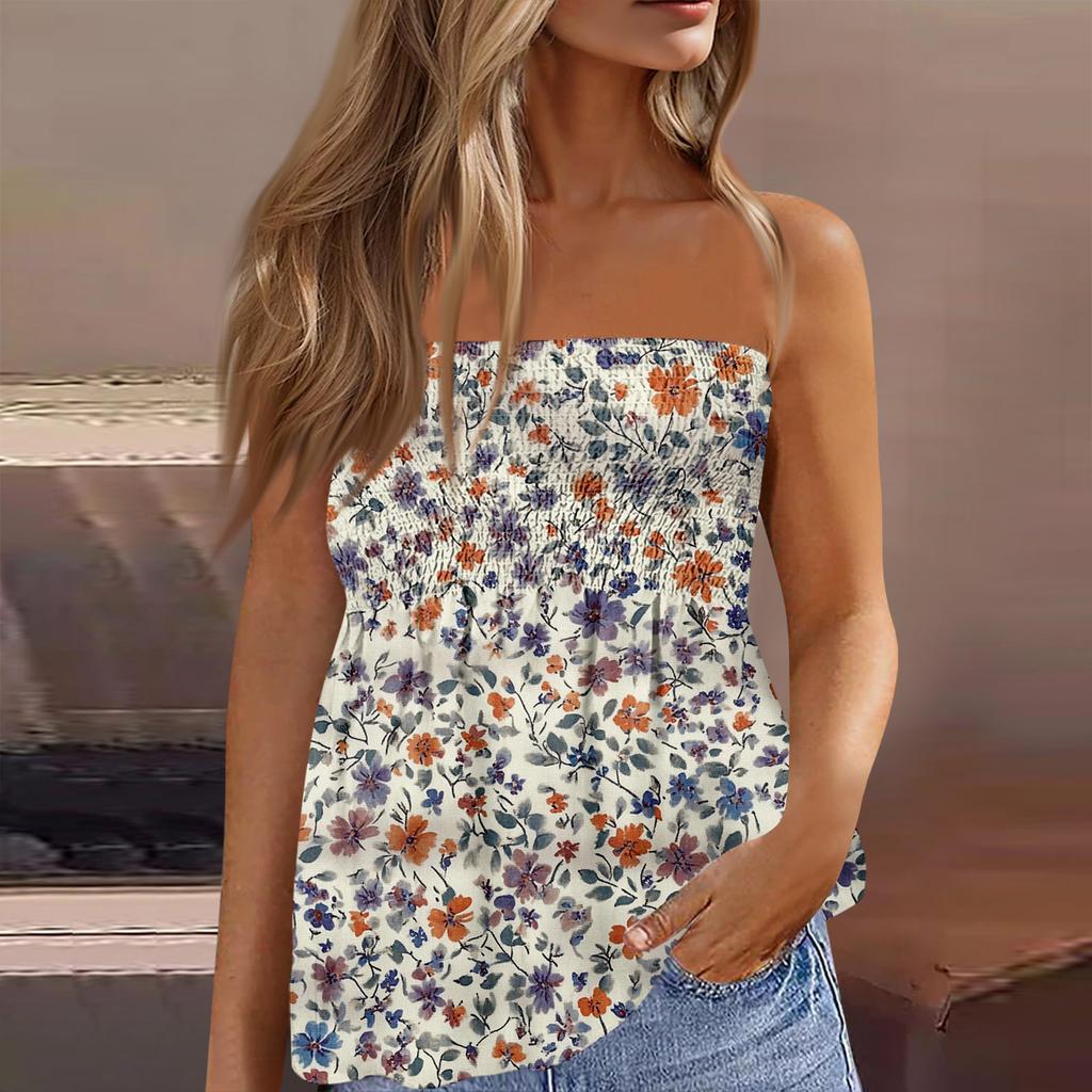 Women's Fashionable And Sexy Backless Elastic Floral Print Strapless Slimming T-shirt Top