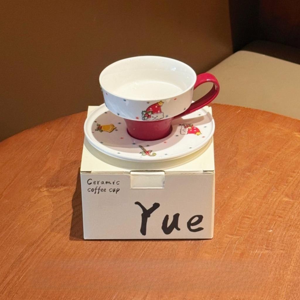 Cartoon Style Ceramic Christmas Coffee Cup and Saucer Set Hand-Painted Household Water Mug Creative Festive Gift for Holiday