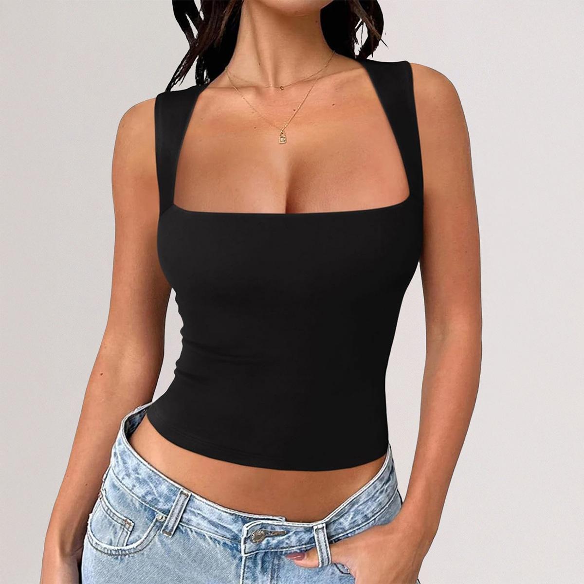 

Casual European and American Y2K fitness high elastic sports square collar suspender T-shirt vest women s summer S чёрный