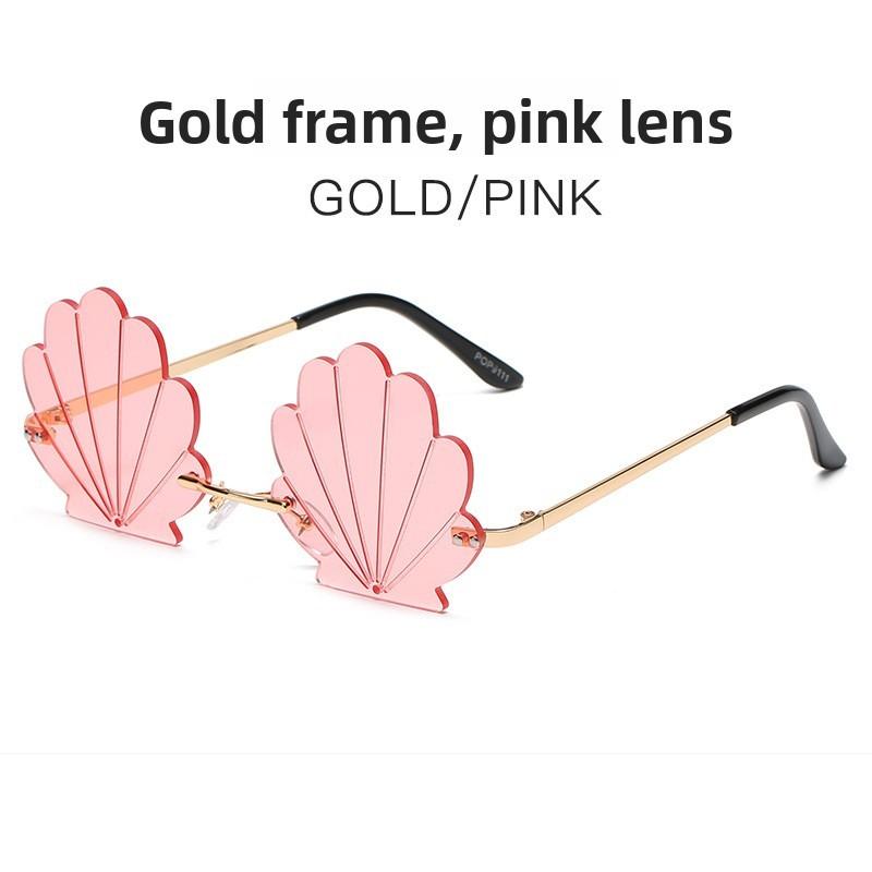 Trendy Frameless Gold Sunglasses With Resin Pink Lenses For Festival And Party Fashion