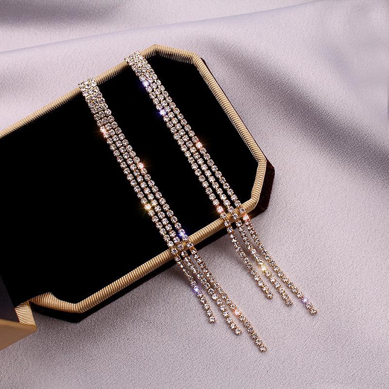 Trendy Tassel Crystal Rhinestone Long Earrings For Women Luxury Shiny Bridal Dangle Drop Earrings Wedding Jewelry Gift Bijoux