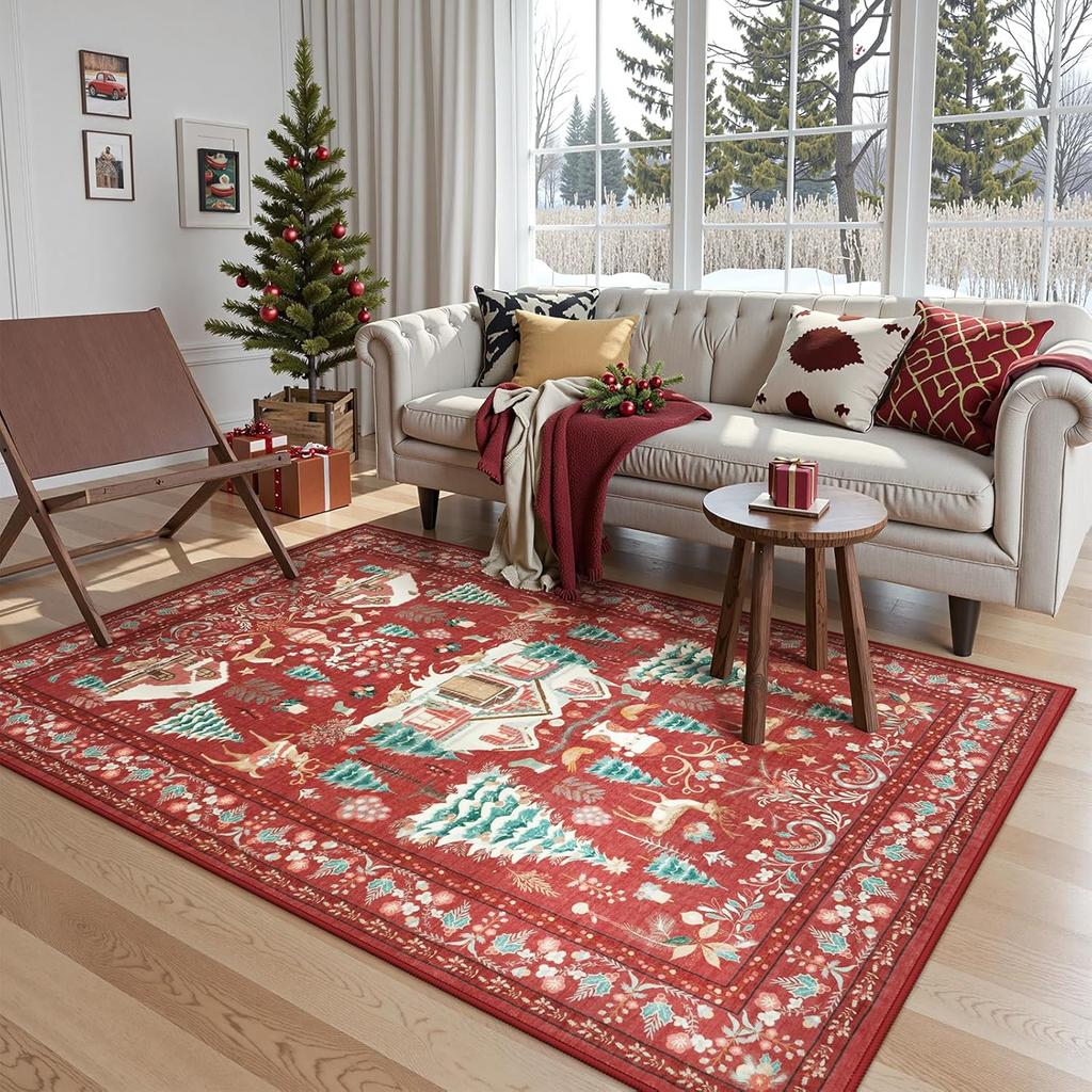 Christmas Bohemian Red Carpet Living Room Sofa Non-Slip Wear-Resistant Mat Bedroom Soiled Floor Mat Home Decoration