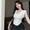 French Slim Fit and Thin Shoulder V-neck T-shirt Pure Desire Sexy Babes Versatile Fashion Chic Small Fly Sleeve Top Ins