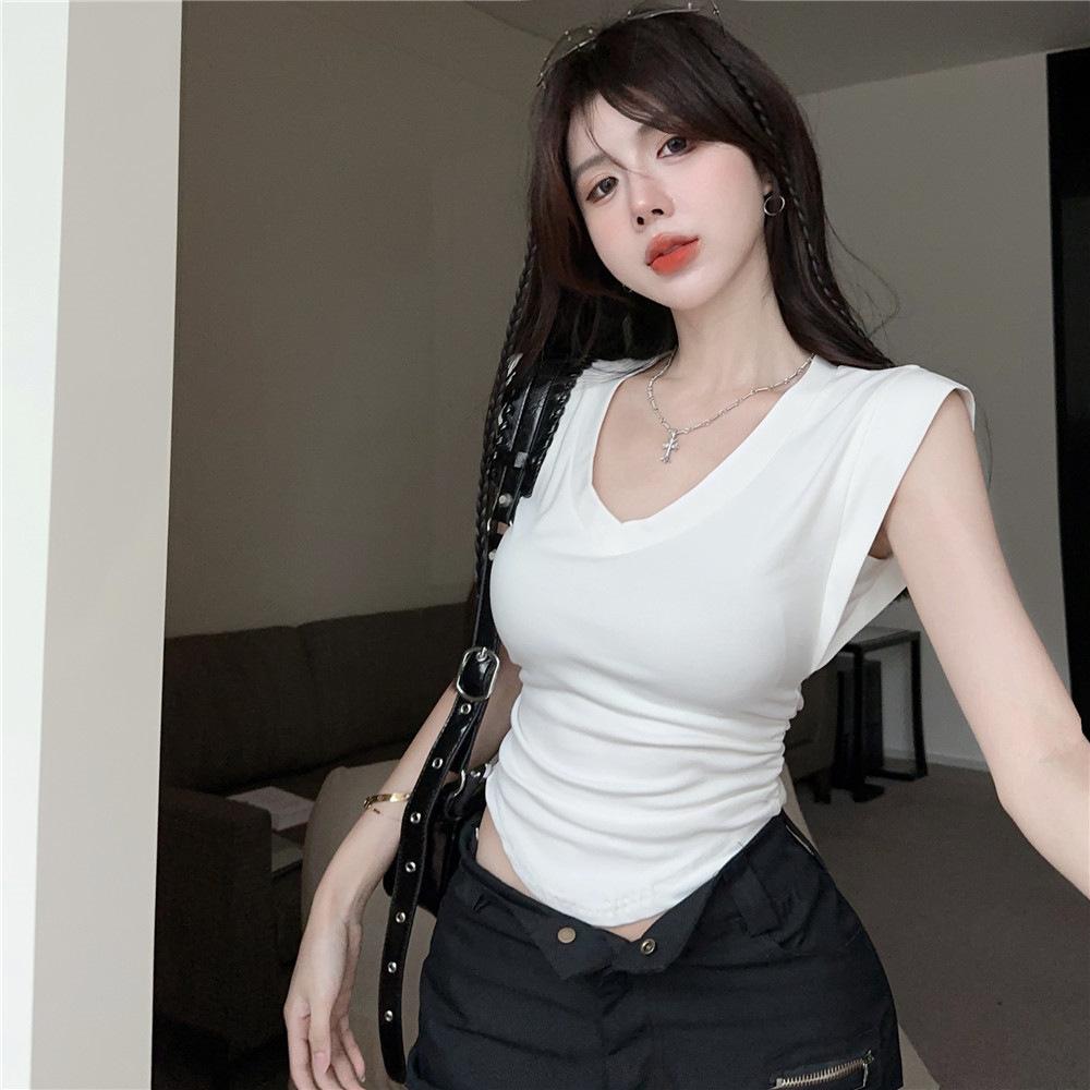 French Slim Fit and Thin Shoulder V-neck T-shirt Pure Desire Sexy Babes Versatile Fashion Chic Small Fly Sleeve Top Ins