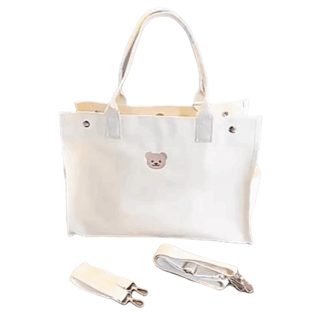 New Cartoon Bear Canvas Mother Bag Large Capacity Multifunctional Shoulder Crossbody Bag White Diaper Bag Women