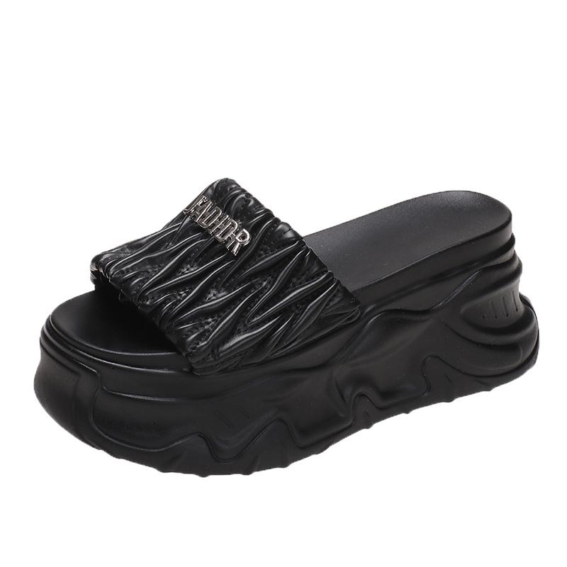 

Модные металлические украшения, босоножки на толстой платформе, женские летние босоножки на танкетке высотой 8 см, женские шлепанцы, пляжные тапочки 34 чёрный