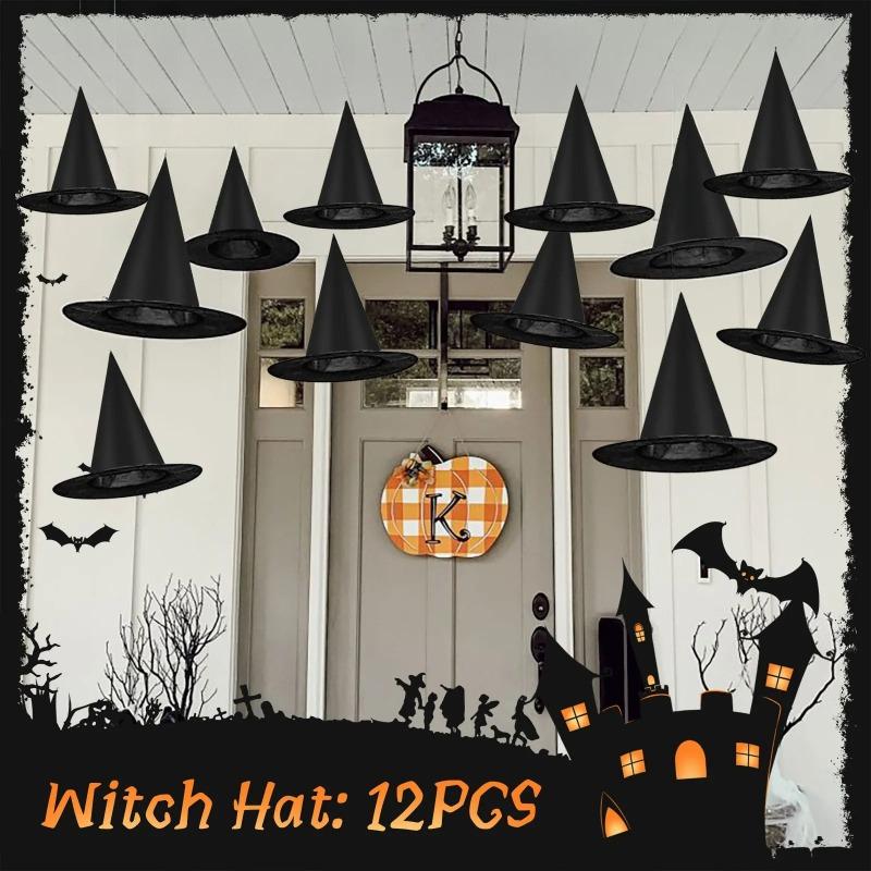 12Pcs Halloween Decoration Witch Hat Cap Costume Accessory Halloween Party Horror Props Oxford Hat Pure Black Pointed Hat Magic Hat