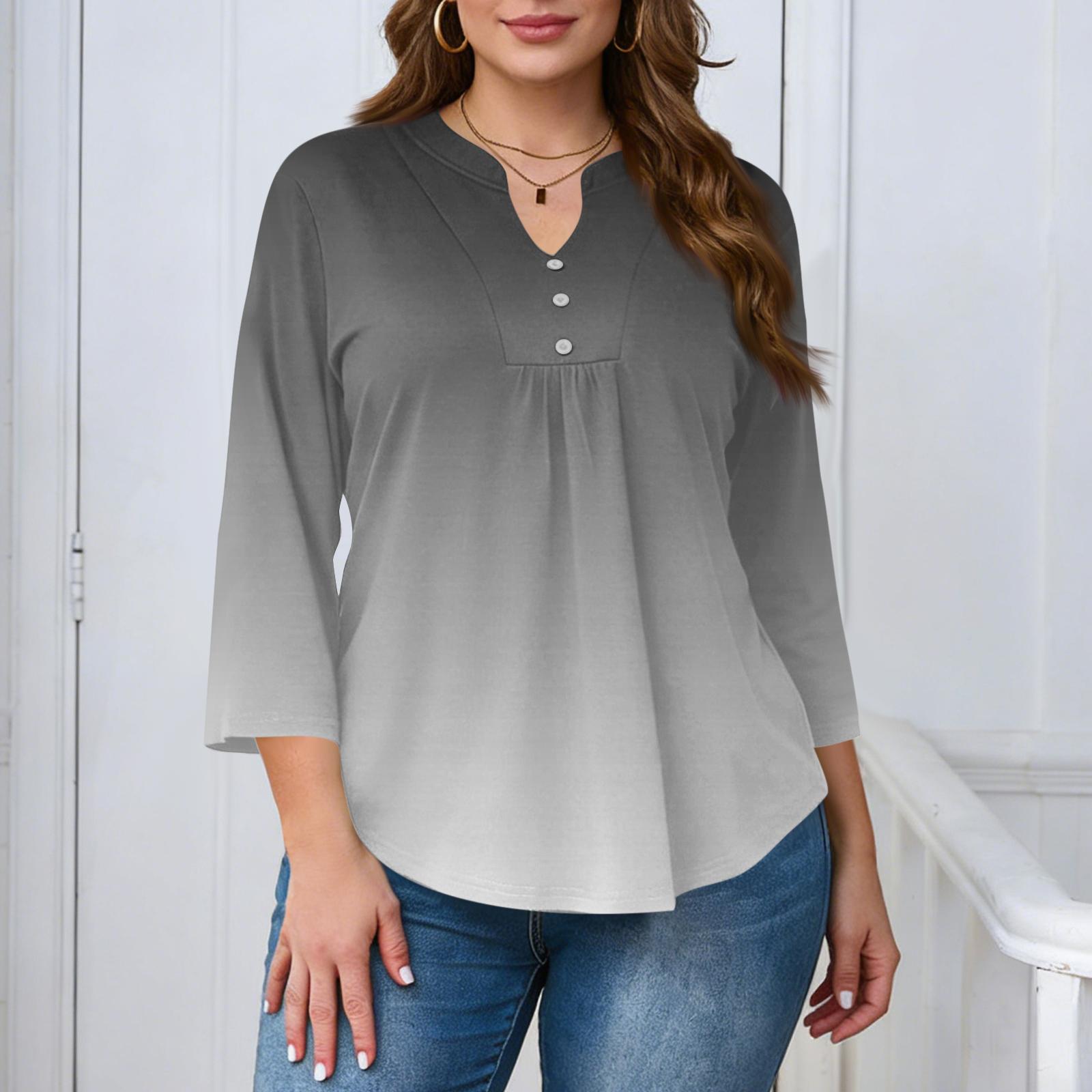 

Women s Plus Size Fashionable Casual Loose Fit Three Quarter Sleeve Elegant Button Up V Neck Top L
