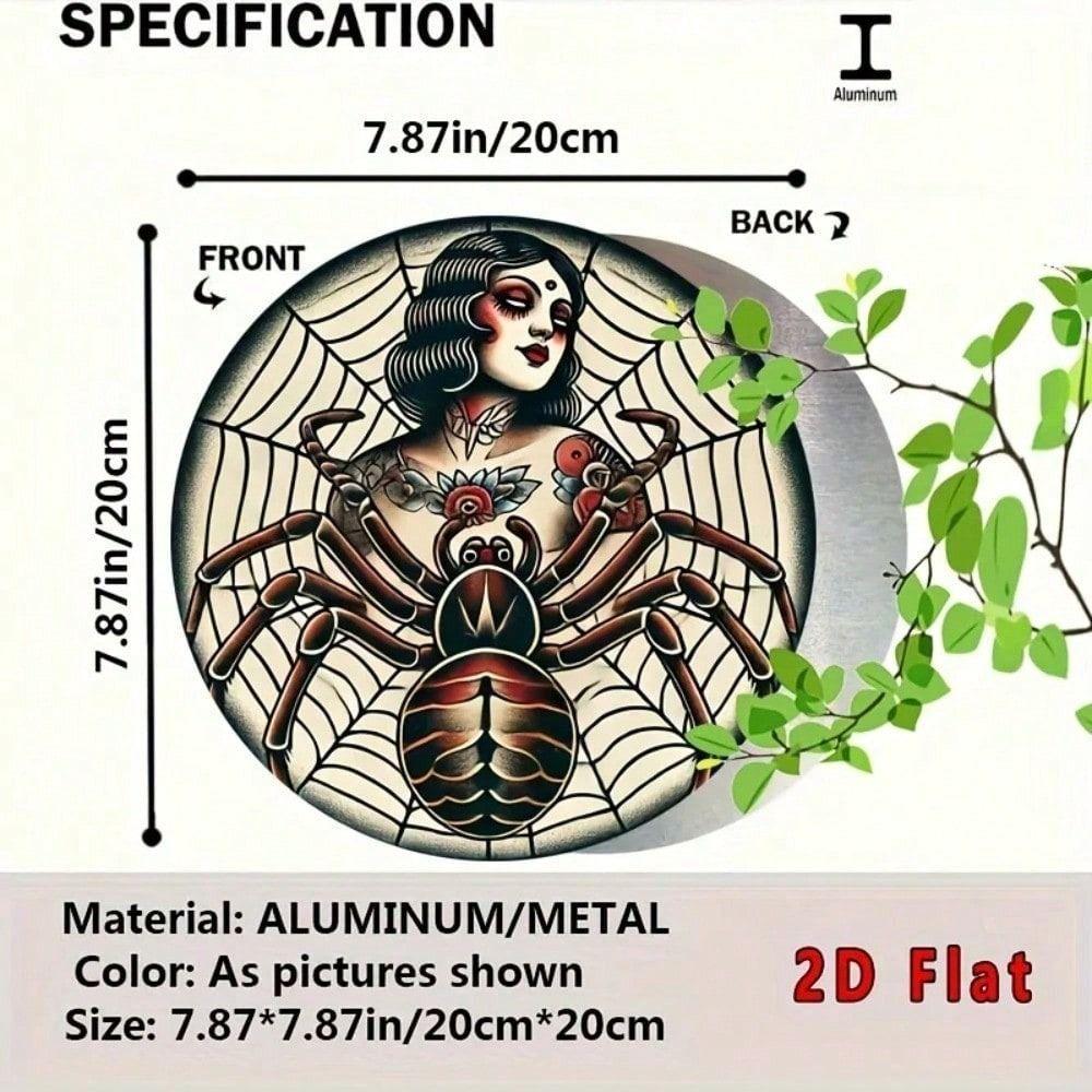 

Metal Poster Wall Art Round Aluminum Sign Woman Spider Tattoo 20x20 cm Home Decor