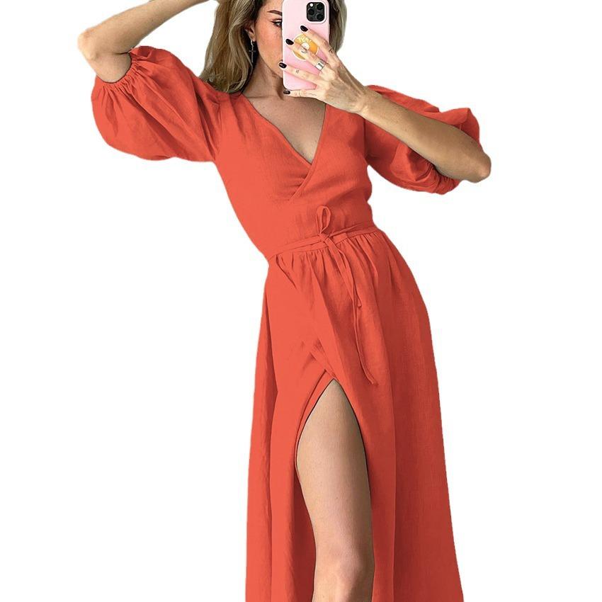 Spring and summer new lace-up cotton bubble sleeves French elegance v-neck design strap casual dress women's clothing