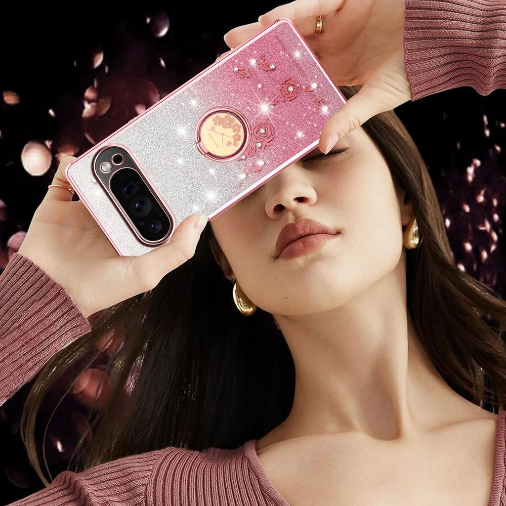 KADEM For Google Pixel 10/10 Pro Case Ring Kickstand TPU Flowers Phone Cover Gradient Glitter