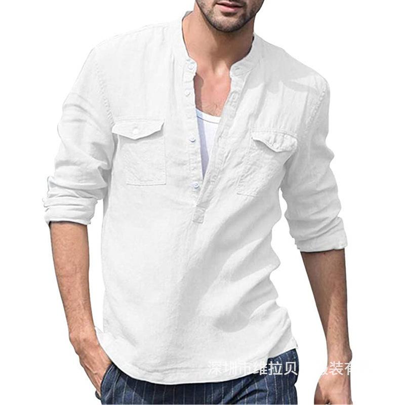 Men Stand Collar Henley Shirt Long Sleeve Half Button Linen Blend Shirt With Double Chest Pockets M белый