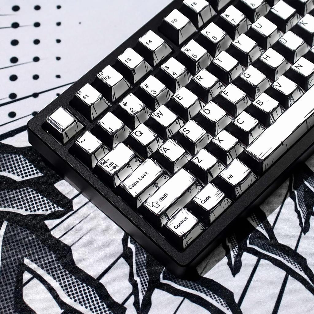 Retro PBT Keycaps Japanese Cartoon Theme Keycap Set 141 Key Cherry Profile Dye Sublimation Keycaps Black and White Keycaps for Cherry MX Mechanical