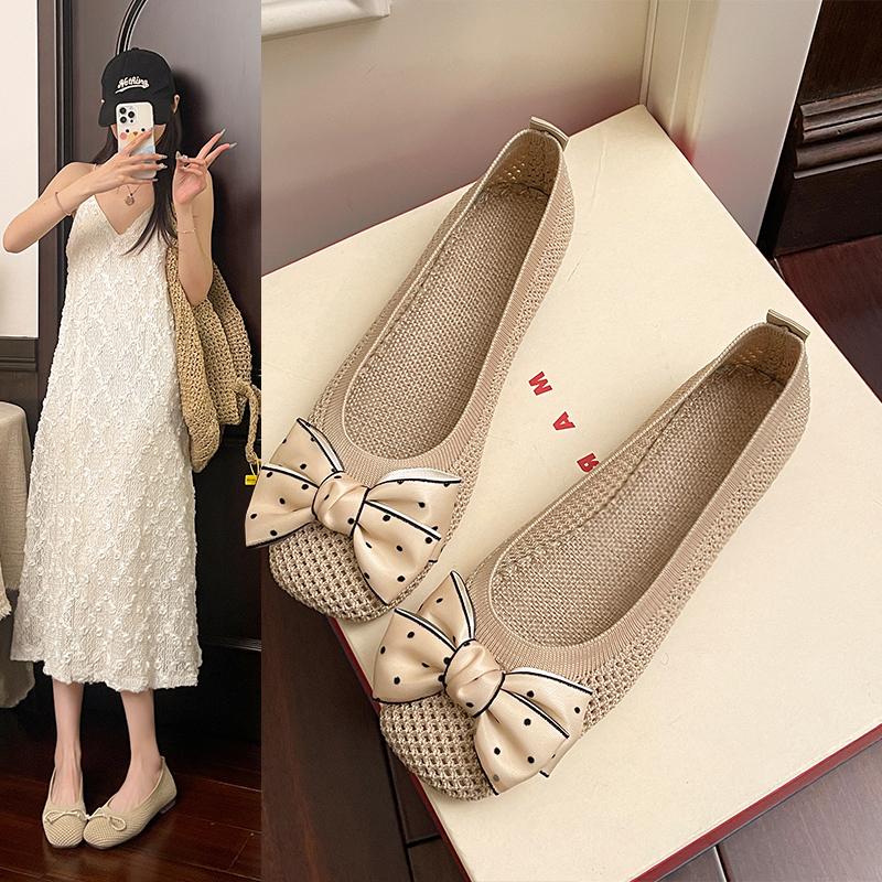 Lovely Sweet Flats for Women Summer Casual Slip on Round Toe Shoes for Women Solid Stretch Fabric Butterfly Knot Casual Shoes