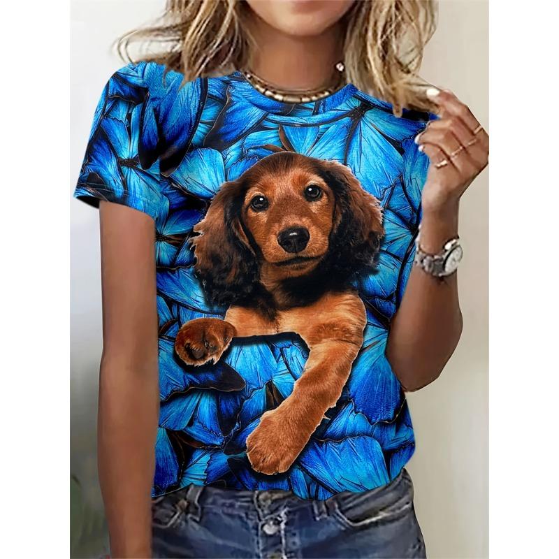 Summer casual women's T-shirt in cartoon style - Cute cat print loose T-shirt top