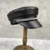 Trendy Hat Silver Chain Beret Women'S Black Pu Leather Flat Top Hat British Retro Duck Tongue Newsboy Hat