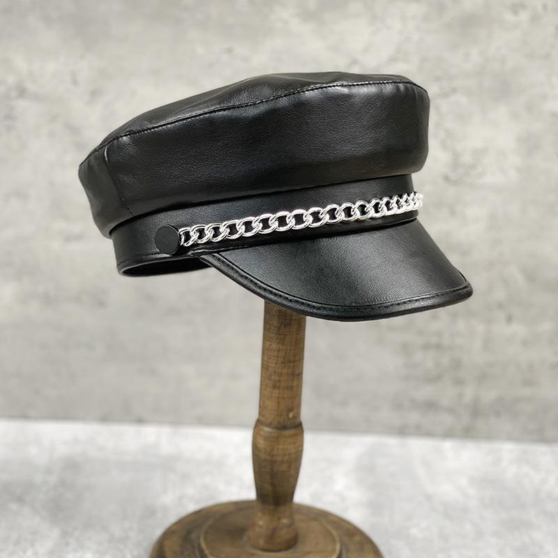 Trendy Hat Silver Chain Beret Women'S Black Pu Leather Flat Top Hat British Retro Duck Tongue Newsboy Hat