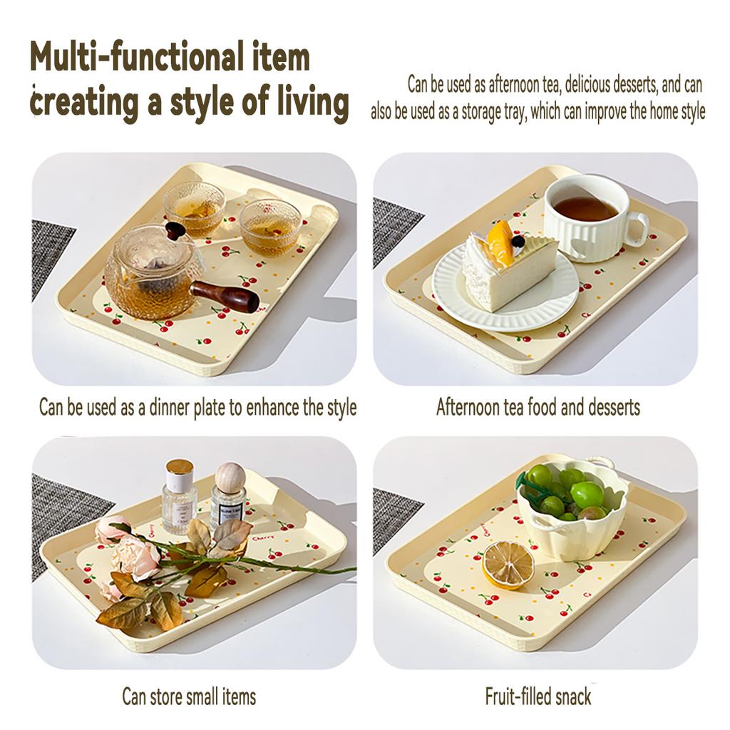 Cherry Pattern Plastic Food Serving Tray Stackable Fruit Dessert Tray Tea Tray Multi-functional Storage Tray For Home Kitchen