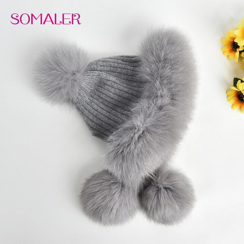 SOMALER Winter Real Fox Fur Hats for Women Fur Pompom Ear Protect Caps Warm Lined Knitted Fur Beanies Fashion Russian Hat