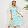 Women Floral Print Long Dress Summer Fall Casual V-neck Short Sleeve High Waist Slim A-Line S-XL