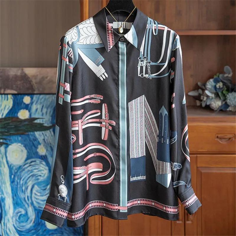 

Women s Italian Style Abstract Belt Print Blouse Elegant Satin Long Sleeve Turn-down Collar Shirt Office Casual Top XXXL
