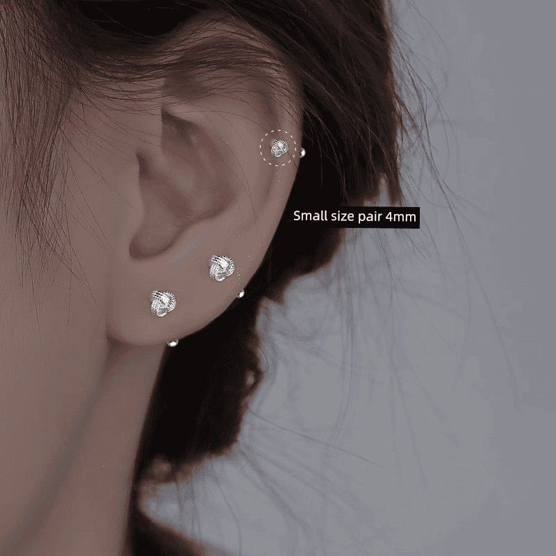 

S999 Pure Silver Ruyi Knot Stud Earrings Female Ear-Caring New Arrival Spiral Stylish Ear Bone Stud Mini Screw Anti-Allergy Twist ear studs [small size 4mm] pair