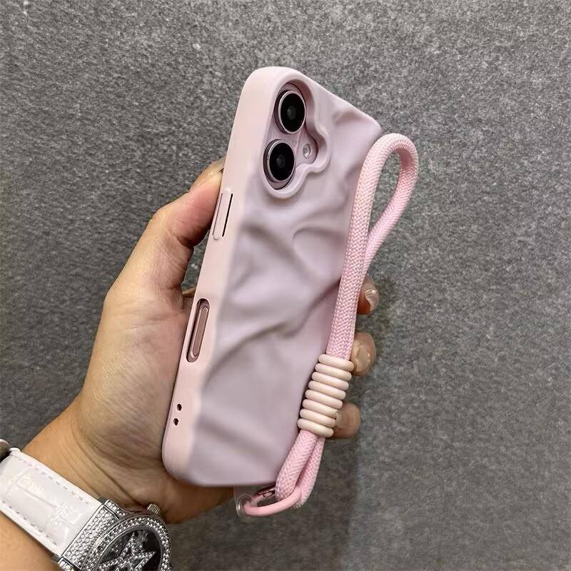 Luxury Matte Wrinkle Matte Wrist Strap Case for iPhone 17 Air 16 15 14 13 12 11 17 Pro Max Candy Ripple Soft Lanyard Cover Funda