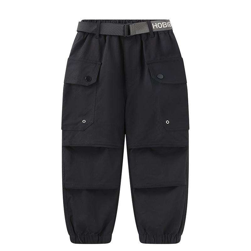 Boys Cargo Pants Solid Color Large Pocket Casual Trousers Elastic Waist Jogger Pants For Kids Spring Autumn Outdoor Sports