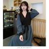 Autumn new Korean version temperament waist thin dress French retro V-neck splicing fake two-piece medium and long dress